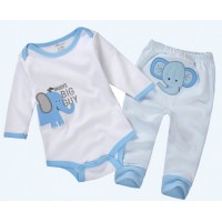 純棉嬰兒長袖夾衣褲仔套裝 - 藍色小象 (男裝)